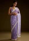 Violet Tissue Saree With Floral Embroidery And Scallop Border
