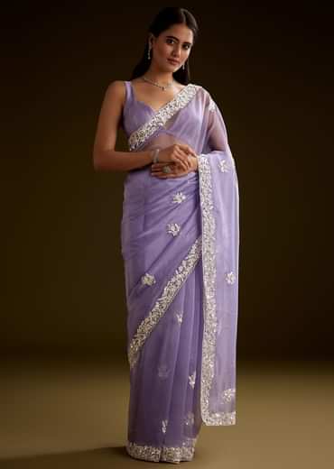 Violet Tissue Saree With Floral Embroidery And Scallop Border