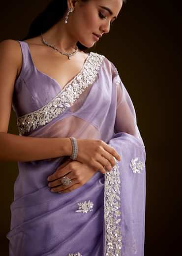 Violet Tissue Saree With Floral Embroidery And Scallop Border