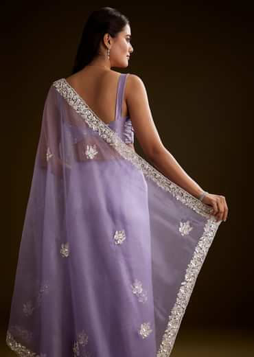 Violet Tissue Saree With Floral Embroidery And Scallop Border