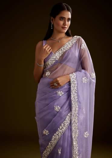 Violet Tissue Saree With Floral Embroidery And Scallop Border