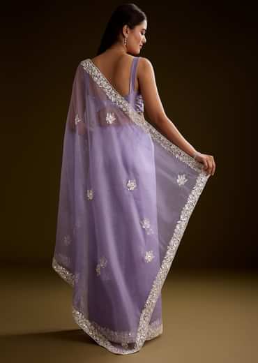 Violet Tissue Saree With Floral Embroidery And Scallop Border