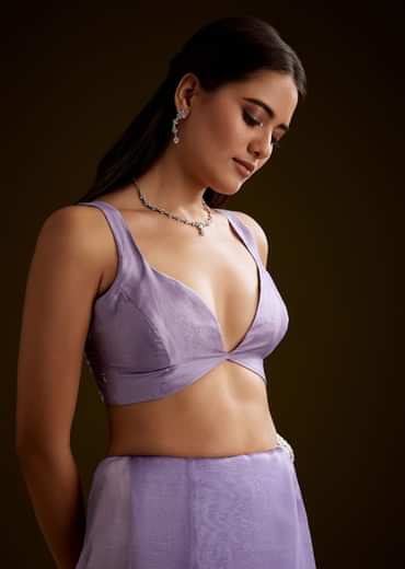 Violet Tissue Saree With Floral Embroidery And Scallop Border