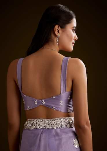 Violet Tissue Saree With Floral Embroidery And Scallop Border