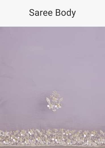 Violet Tissue Saree With Floral Embroidery And Scallop Border
