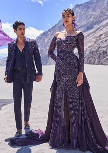 Violet Royal Hand Embroidered Tussar Tuxedo Set