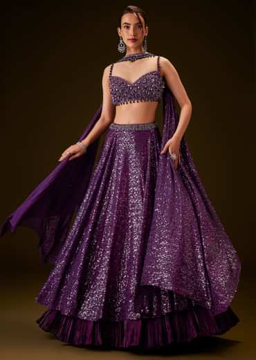 Violet Sequin Lehenga Set With Hand Embroidered Choker Dupatta