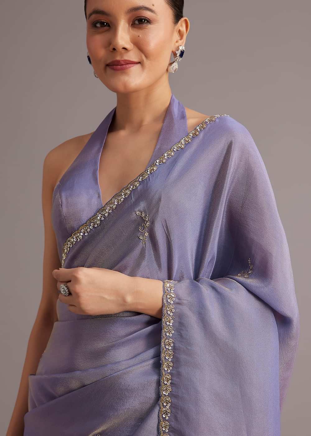 Violet Tissue Silk Saree With Cutdana And Sequin Embroidered Border
