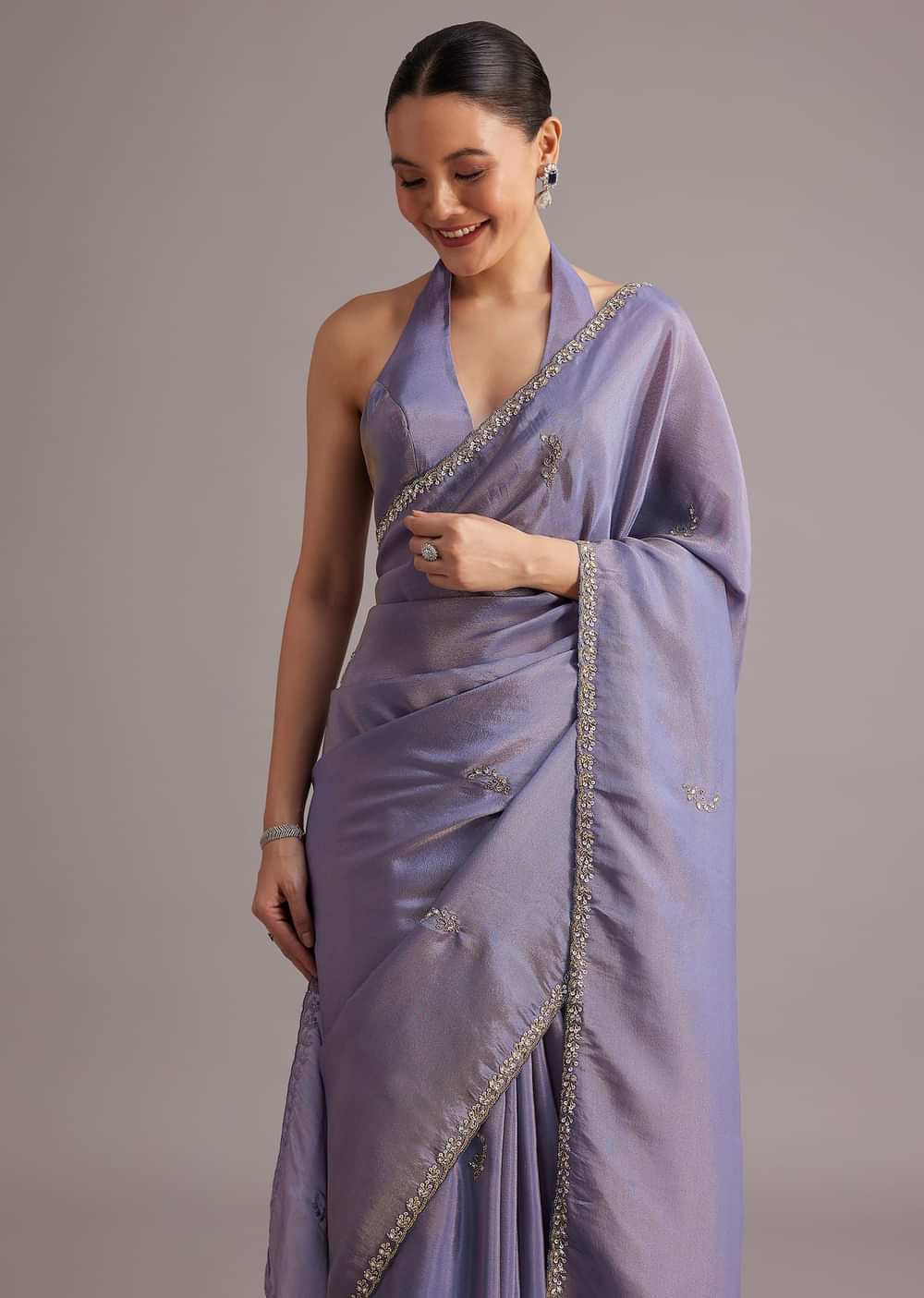 Violet Tissue Silk Saree With Cutdana And Sequin Embroidered Border