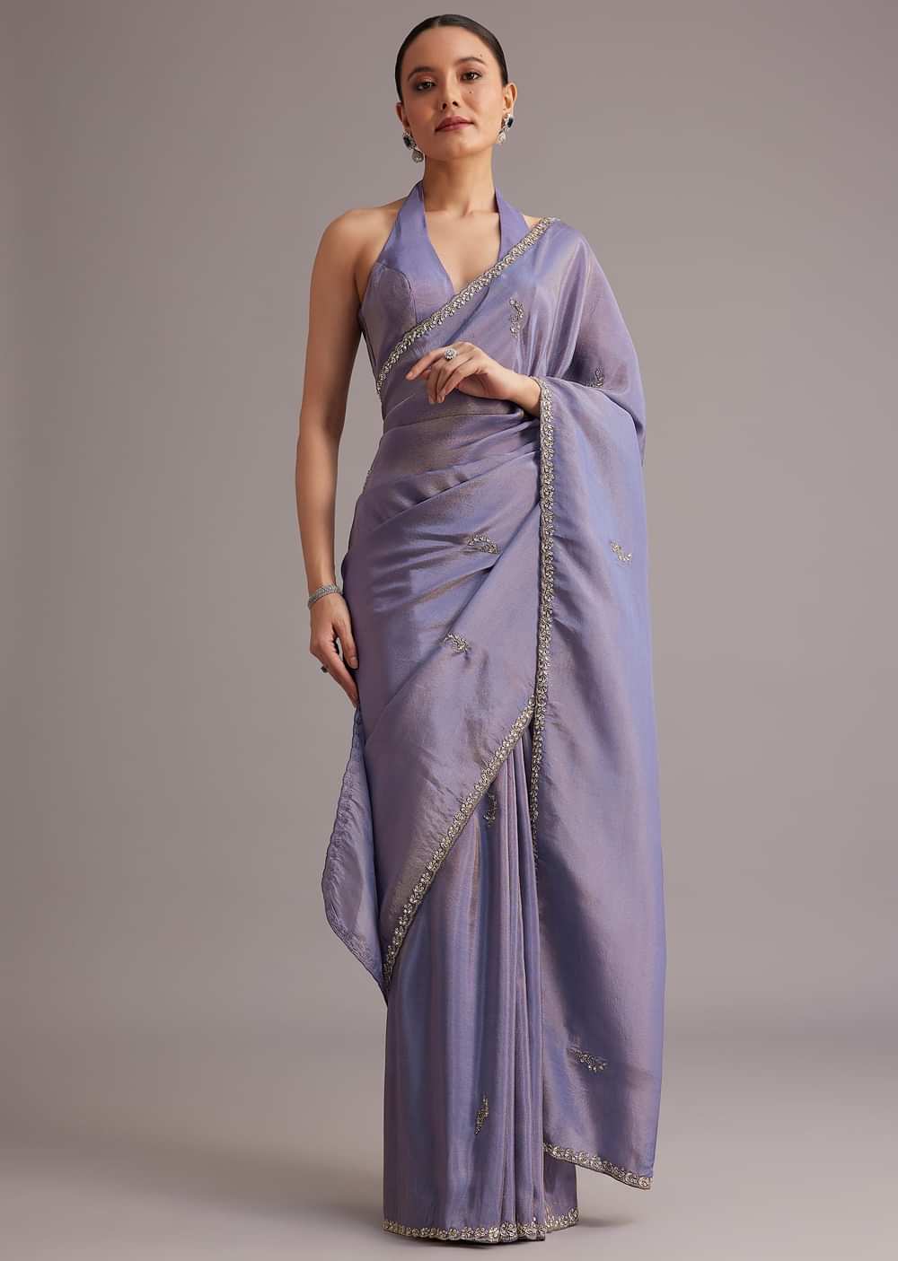 Violet Tissue Silk Saree With Cutdana And Sequin Embroidered Border