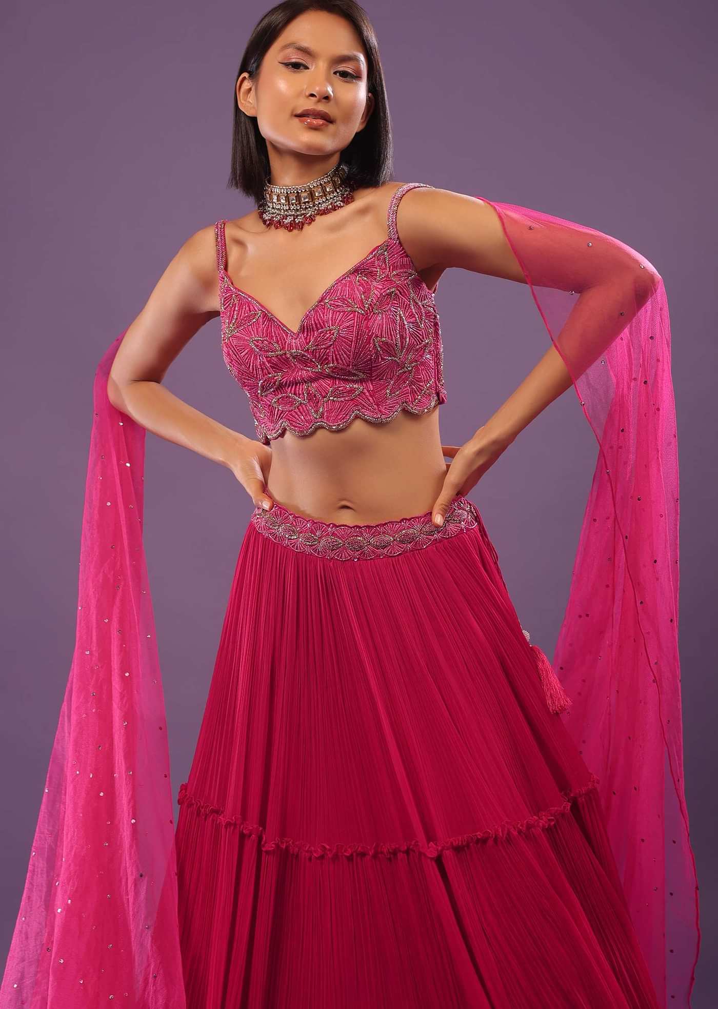 Hot Pink Lehenga Set In Viscose Georgette