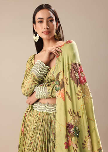 Warm Green Embroidered Skirt And Blouse