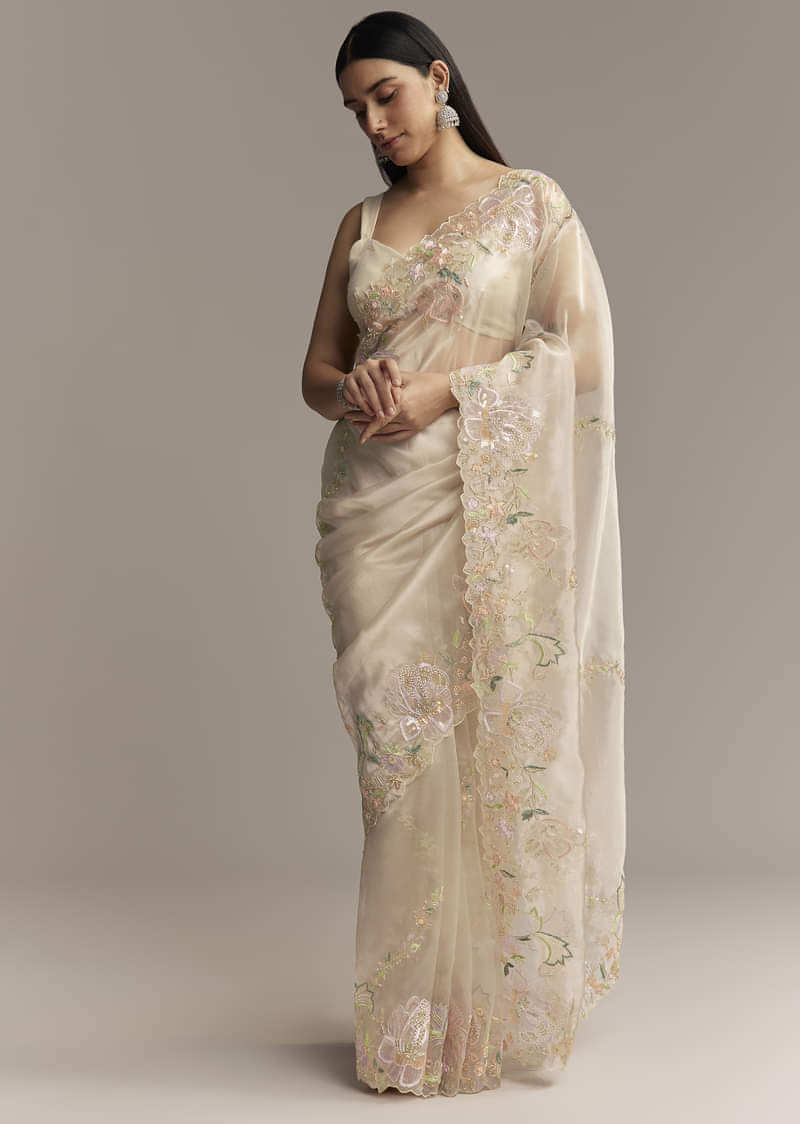 Water Gold Tissue Saree With Multicolor Floral Cutwork Embroidery