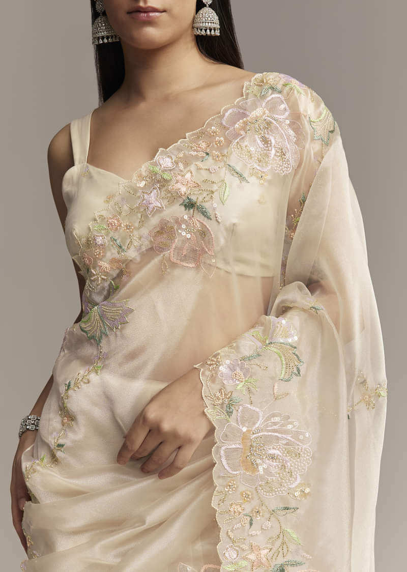 Water Gold Tissue Saree With Multicolor Floral Cutwork Embroidery