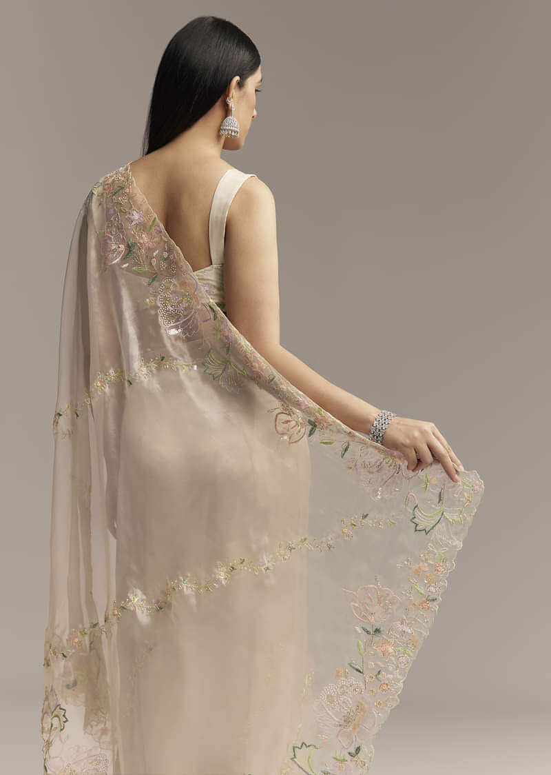 Water Gold Tissue Saree With Multicolor Floral Cutwork Embroidery