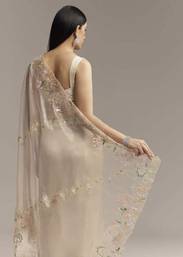 Water Gold Tissue Saree With Multicolor Floral Cutwork Embroidery