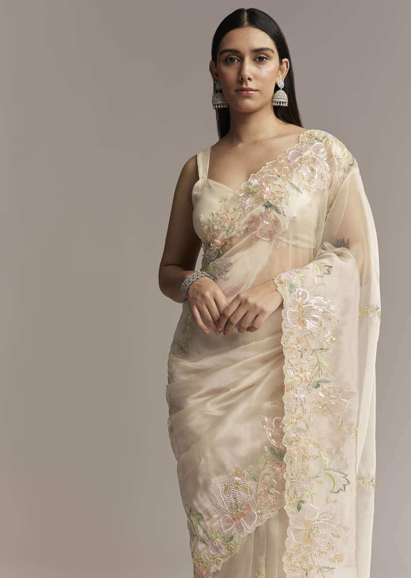 Water Gold Tissue Saree With Multicolor Floral Cutwork Embroidery