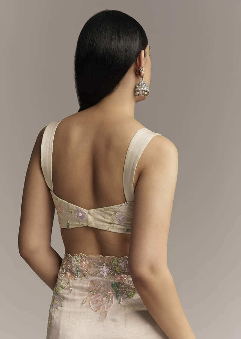 Water Gold Tissue Saree With Multicolor Floral Cutwork Embroidery