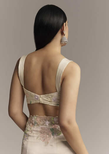 Water Gold Tissue Saree With Multicolor Floral Cutwork Embroidery