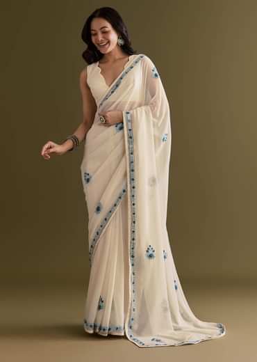 White And Blue Georgette Saree With Kashmiri Bud Embroidery