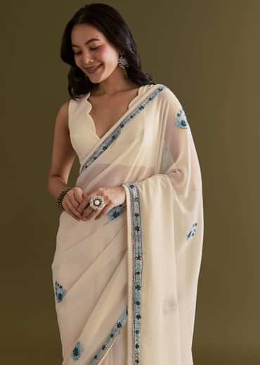 White And Blue Georgette Saree With Kashmiri Bud Embroidery