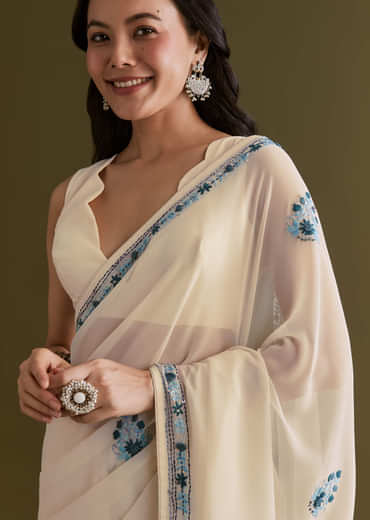 White And Blue Georgette Saree With Kashmiri Bud Embroidery