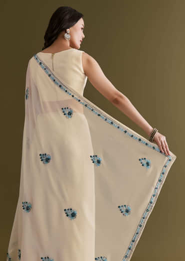 White And Blue Georgette Saree With Kashmiri Bud Embroidery