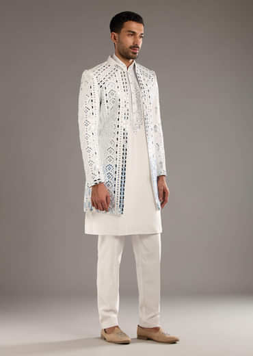 White And Blue Silk Groomsman Sherwani With Mirror Work