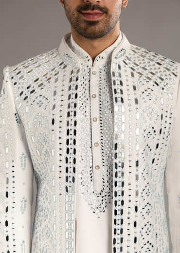 White And Blue Silk Groomsman Sherwani With Mirror Work