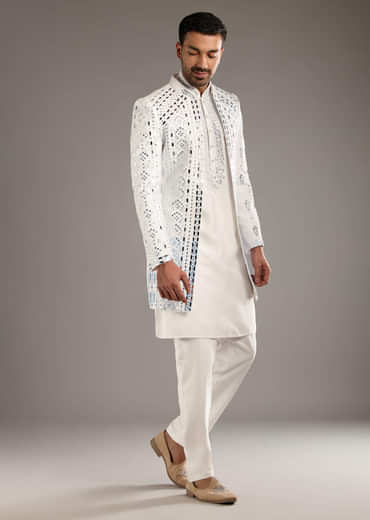 White And Blue Silk Groomsman Sherwani With Mirror Work