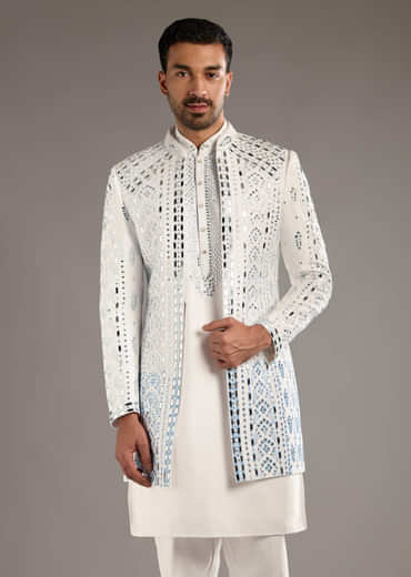 White And Blue Silk Groomsman Sherwani With Mirror Work