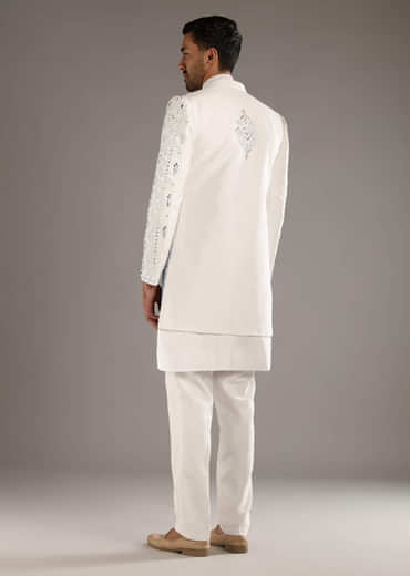 White And Blue Silk Groomsman Sherwani With Mirror Work