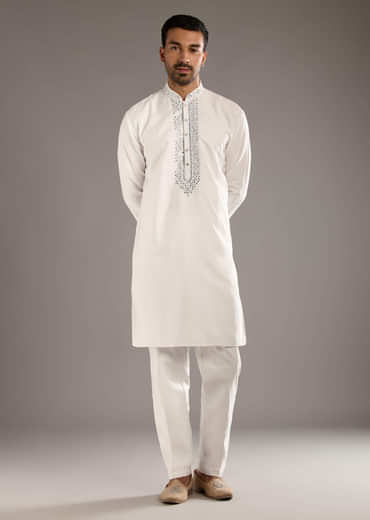 White And Blue Silk Groomsman Sherwani With Mirror Work