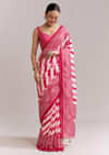 White And Pink Silk Saree With Lehariya And Bandhani Print