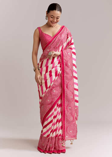 White And Pink Silk Saree With Lehariya And Bandhani Print