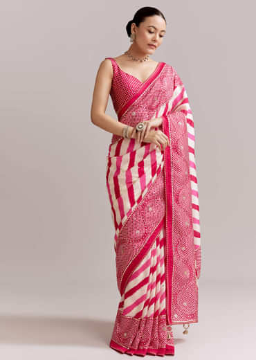 White And Pink Silk Saree With Lehariya And Bandhani Print
