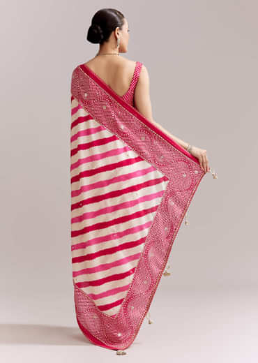 White And Pink Silk Saree With Lehariya And Bandhani Print