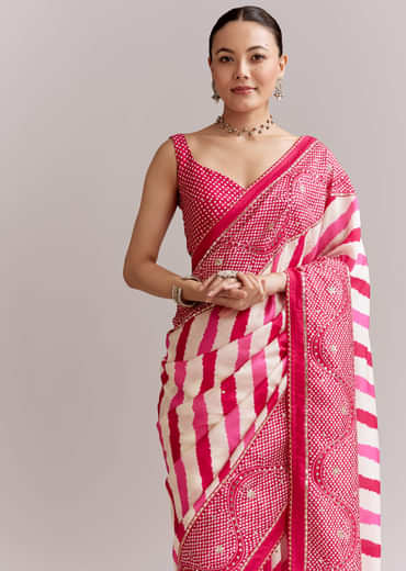 White And Pink Silk Saree With Lehariya And Bandhani Print