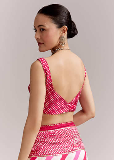 White And Pink Silk Saree With Lehariya And Bandhani Print