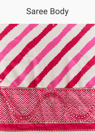 White And Pink Silk Saree With Lehariya And Bandhani Print
