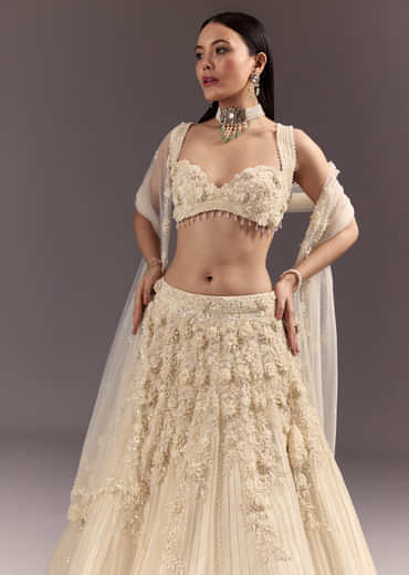 White Bustier Lehenga Set With 3D Floral And Mirror Work