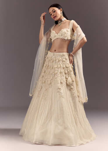 White Bustier Lehenga Set With 3D Floral And Mirror Work