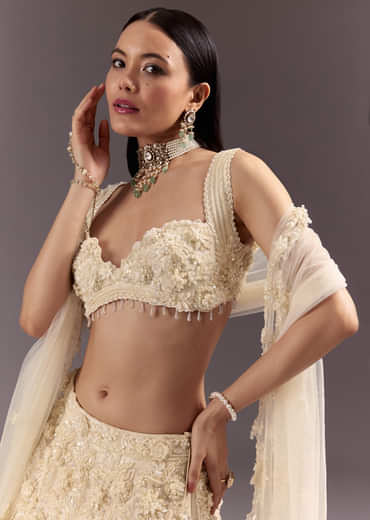 White Bustier Lehenga Set With 3D Floral And Mirror Work