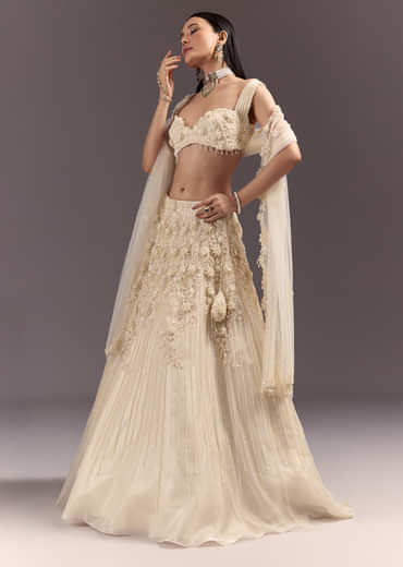 White Bustier Lehenga Set With 3D Floral And Mirror Work