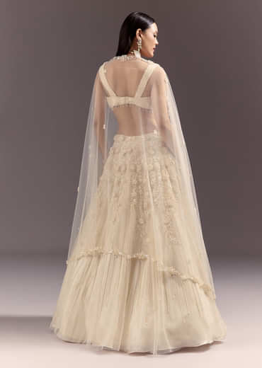 White Bustier Lehenga Set With 3D Floral And Mirror Work