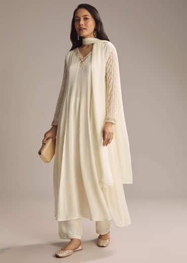 White Chinon Anarkali Suit With Cutdana And Sequins Work