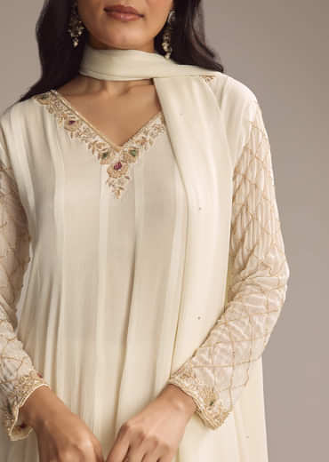 White Chinon Anarkali Suit With Cutdana And Sequins Work