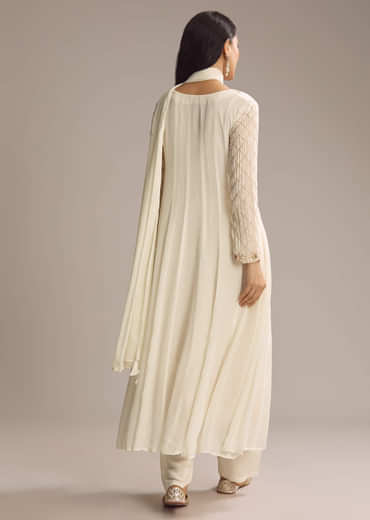 White Chinon Anarkali Suit With Cutdana And Sequins Work