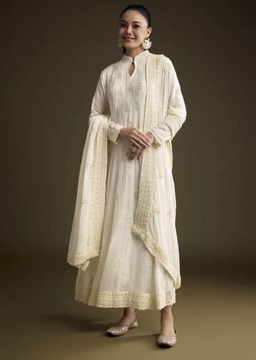 White Chinon Anarkali Suit With Heavy Hand Embroidery