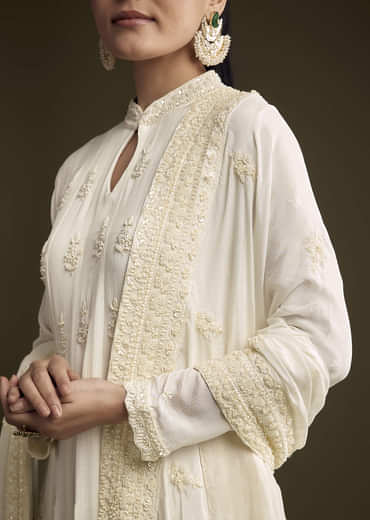 White Chinon Anarkali Suit With Heavy Hand Embroidery